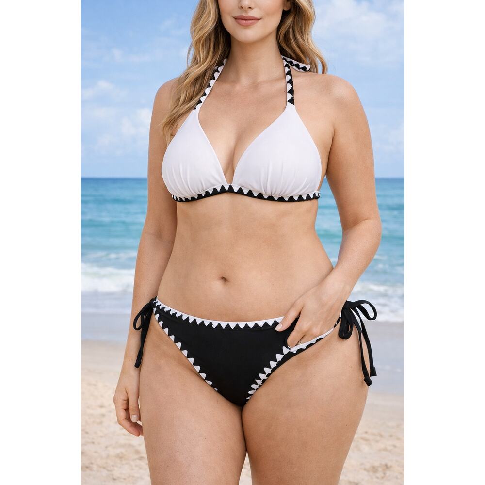 Cupshe Black White Scallop Trim Bikini Set Tie Side Bottom Halter Top Large New